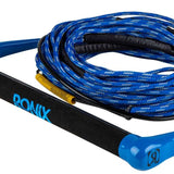 Ronix Combo 3.0 Hide Grip Wakeboard Handle With 70 ft Mainline Rope - The blue and black handle has a textured grip, with a yellow tag on the side of the mainline rope.