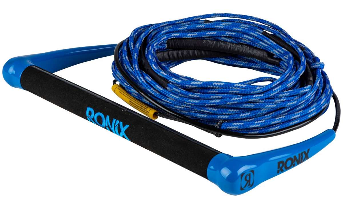 Ronix Combo 3.0 Hide Grip Wakeboard Handle With 70 ft Mainline Rope - The blue and black handle has a textured grip, with a yellow tag on the side of the mainline rope.