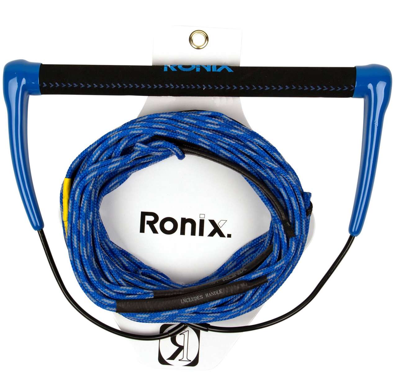 Ronix Combo 3.0 Hide Grip Wakeboard Handle With 70 ft Mainline Rope - The rope is blue and white with a yellow handle.