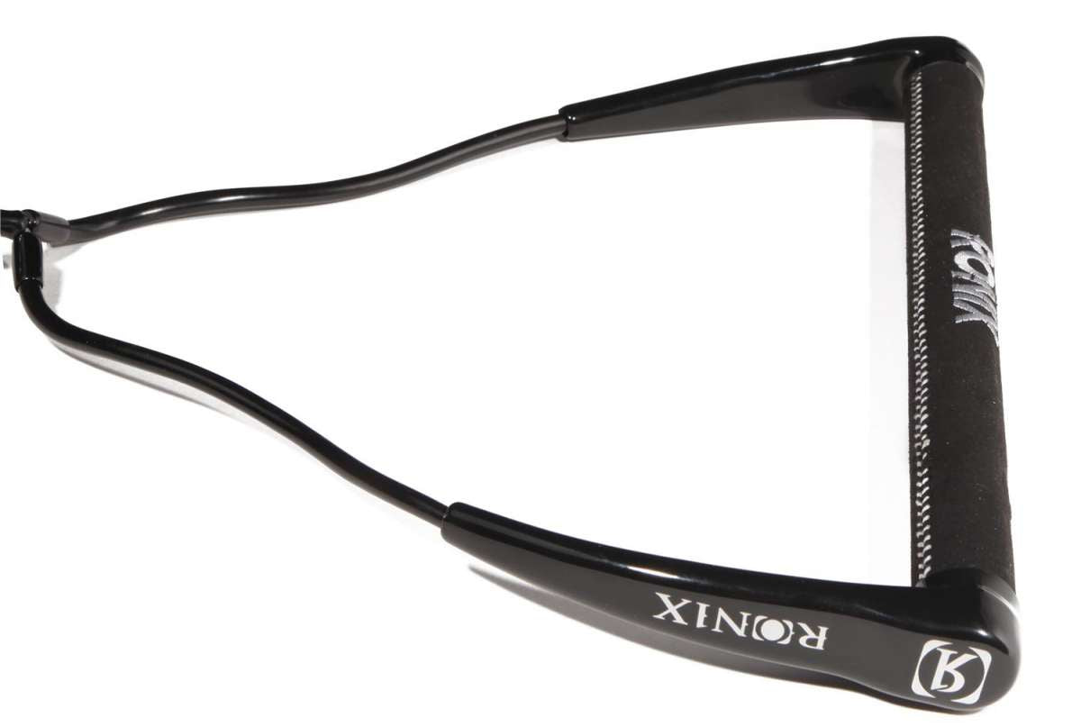 Ronix Combo 3.0 Hide Grip Wakeboard Handle With 70 ft Mainline Rope - The handle is black with a textured grip and white stitching, featuring the brand name "RONIX" in white letters on one side.