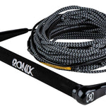 Ronix Combo 3.0 Hide Grip Wakeboard Handle With 70 ft Mainline Rope - The rope is black and white with a zig-zag pattern, coiled in the background behind the handle.