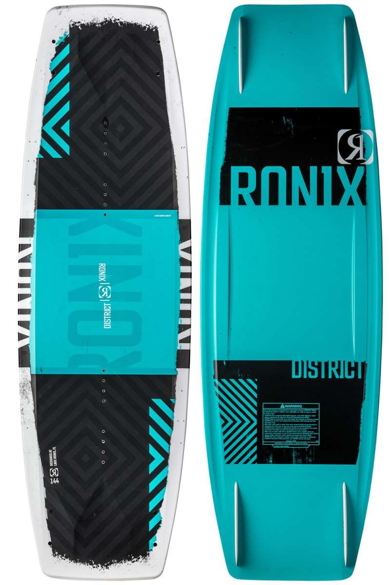 Ronix District Wakeboard 2022 - A black wakeboard with a geometric pattern and white lettering on the top side.