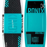 Ronix District Wakeboard 2022 - A black wakeboard with a geometric pattern and white lettering on the top side.