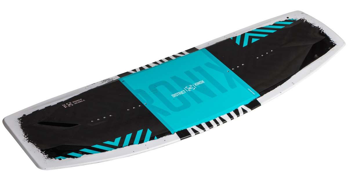 Ronix District Wakeboard 2022 - A black wakeboard with a blue stripe and white lettering on top.