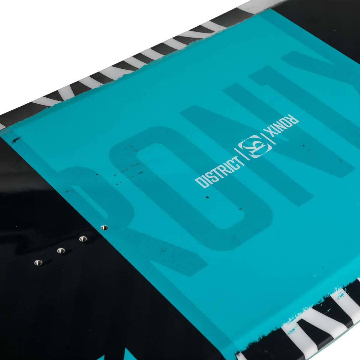 Ronix District - A blue wakeboard with a white logo on top, featuring a black and white striped border at the bottom.