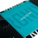 Ronix District - A blue wakeboard with a white logo on top, featuring a black and white striped border at the bottom.