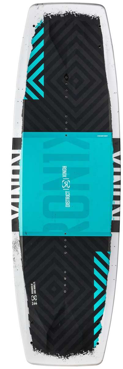 Ronix - District Wakeboard 2022 is a black wakeboard with white lettering and a geometric pattern on top.