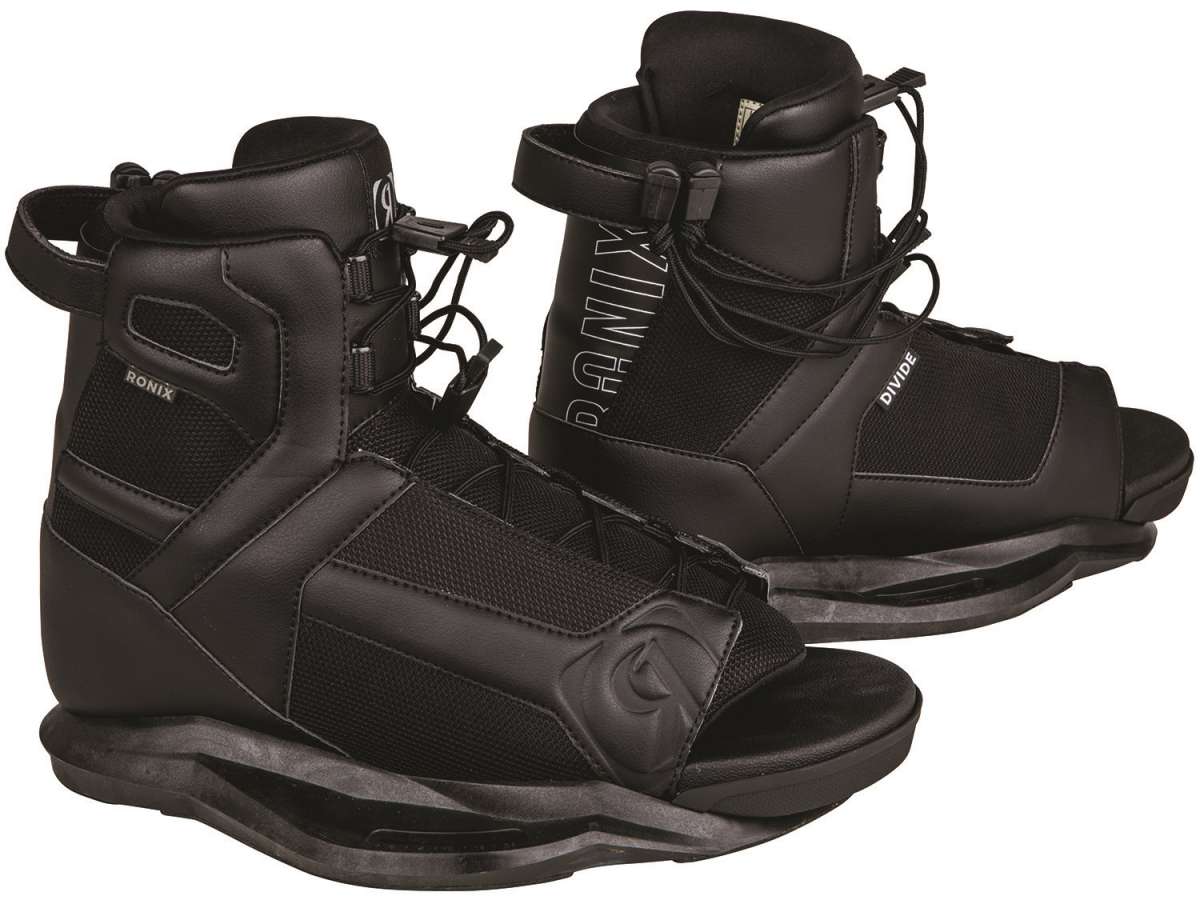 Ronix Divide Wake Boot 2023 - Black boots with white lettering on side and heel, featuring a mesh upper section.