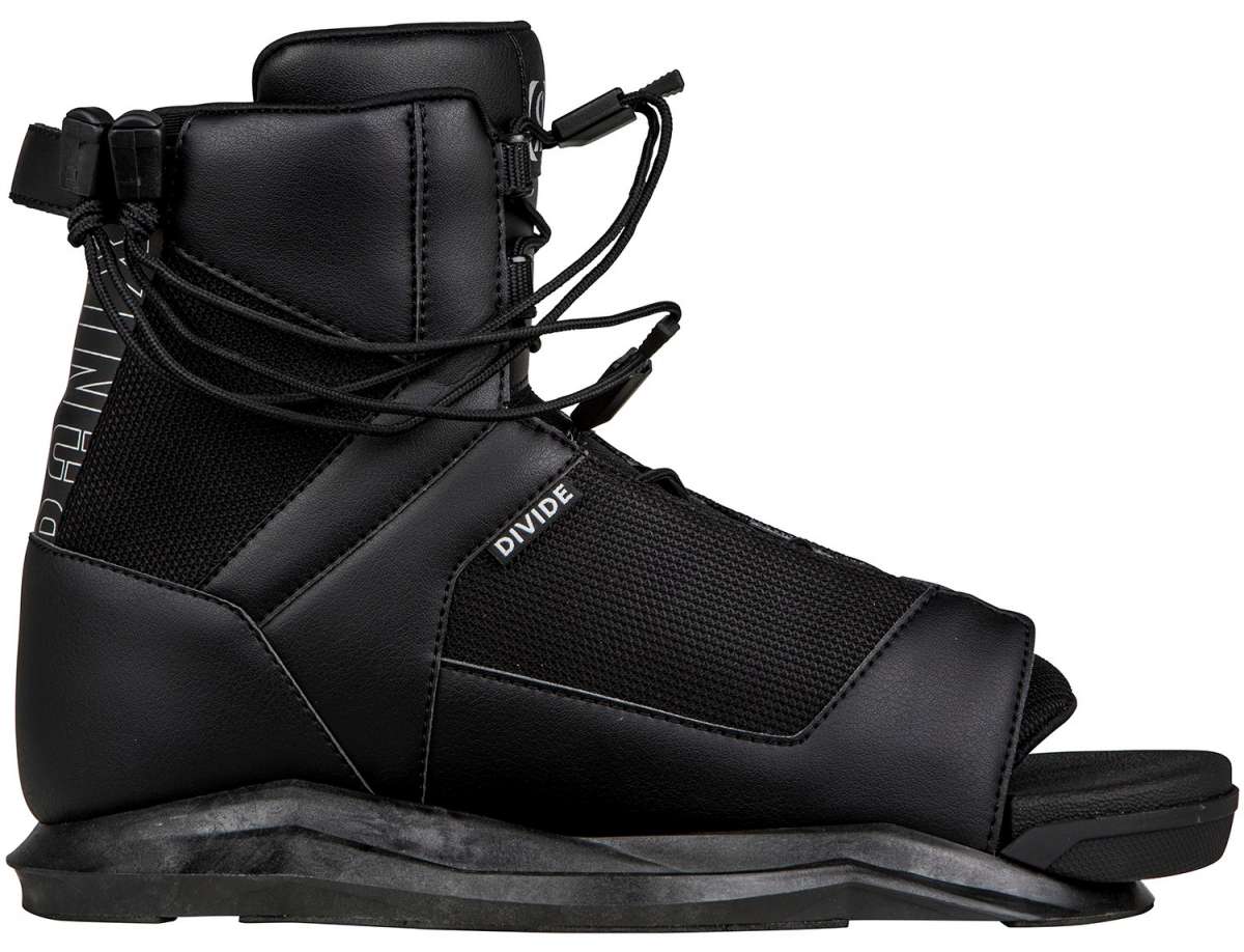 Ronix Divide Wake Boot 2023 - Black wakeboard boots with white lettering and laces.