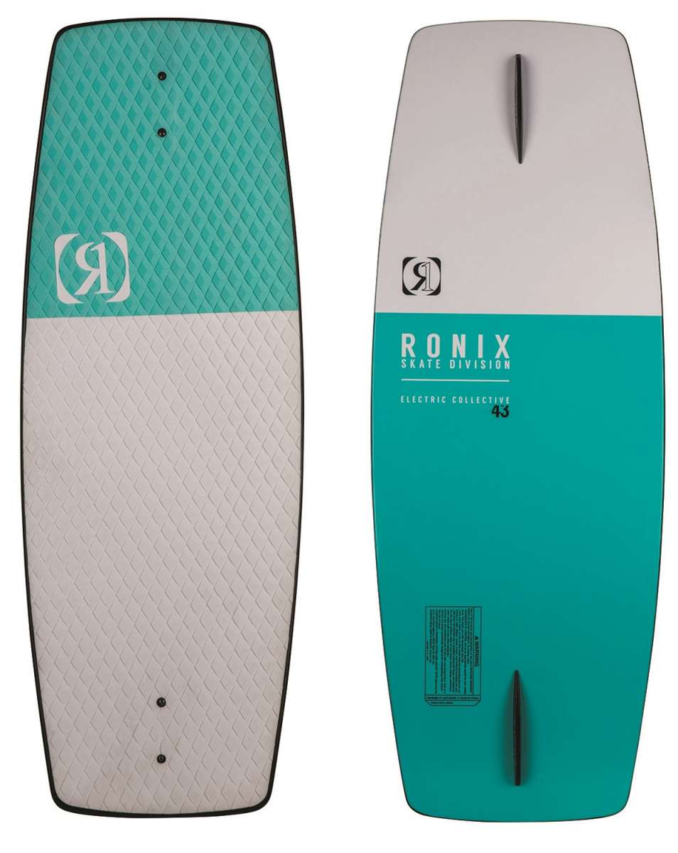 Ronix Electric Collective Wakeskate Board 2022 - A turquoise and gray wakeskate board with a diamond pattern on top.