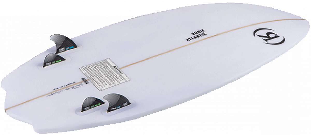 Ronix Flyweight Atlantik Wakesurf Board 2023 - White surfboard with a black logo on the bottom right side.