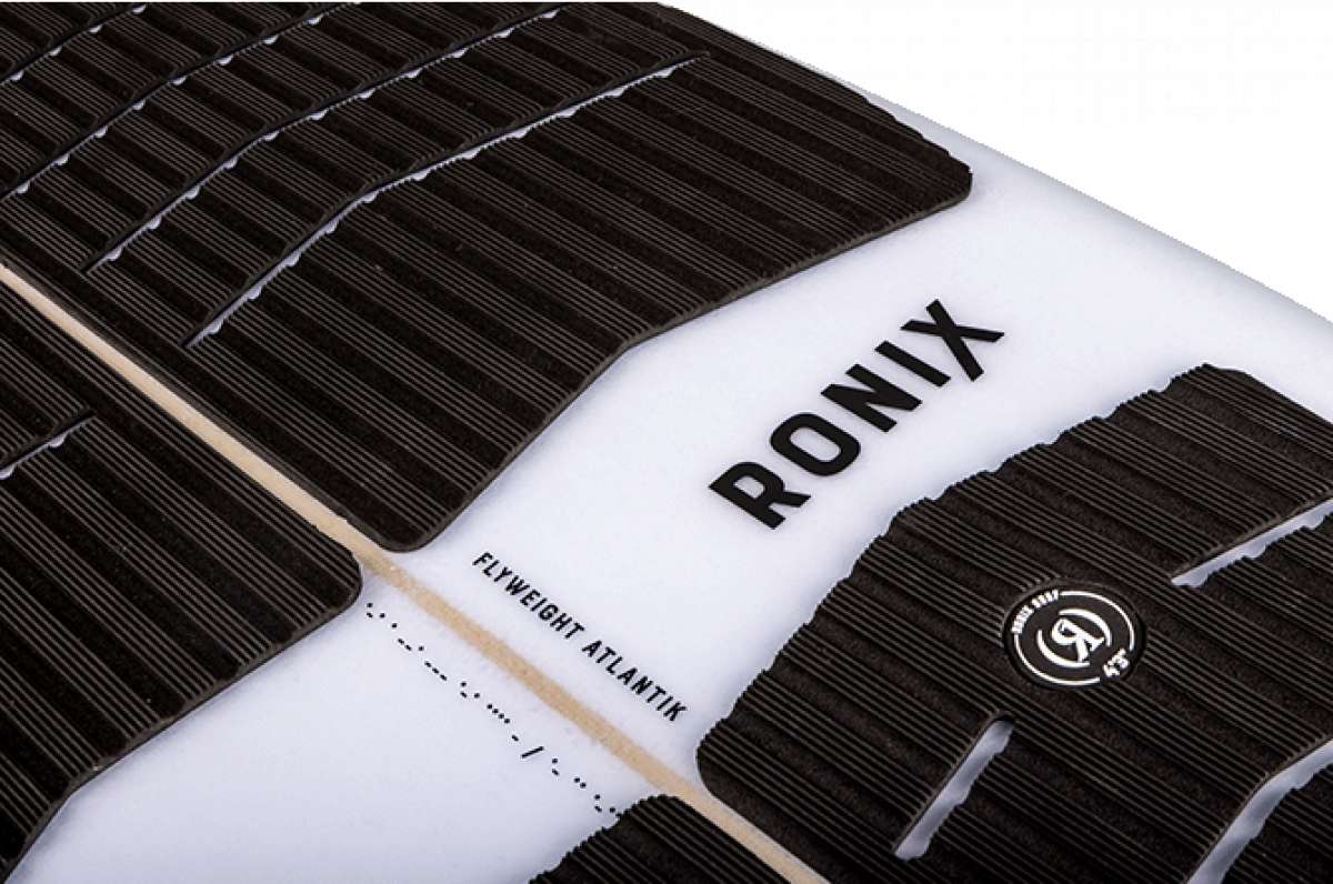 Ronix Flyweight Atlantik Wakesurf Board 2023 - A white wakesurf board with a black textured pattern on its top surface.