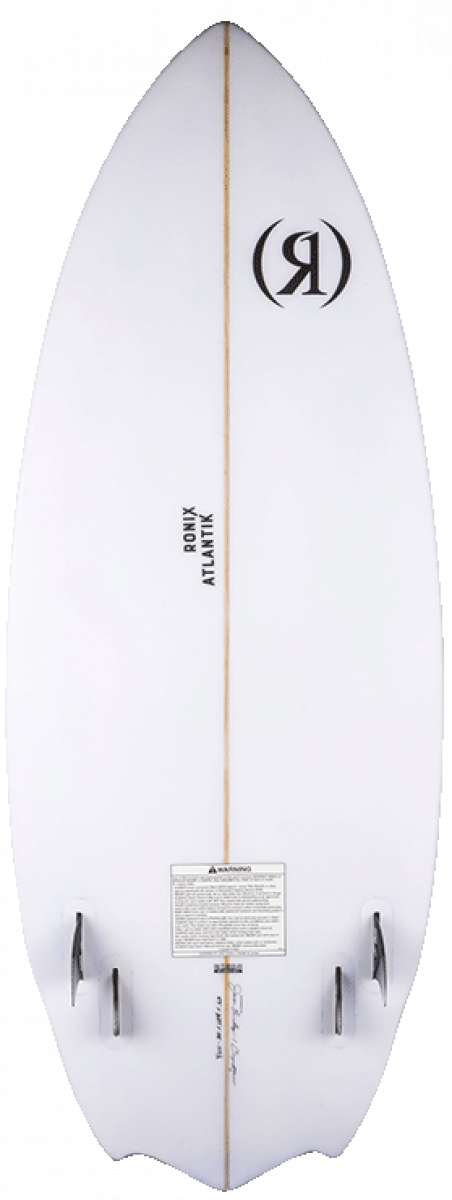 Ronix Flyweight Atlantik Wakesurf Board 2023 - A white wakesurf board with a black logo featuring an "R" in a circle on its top surface.