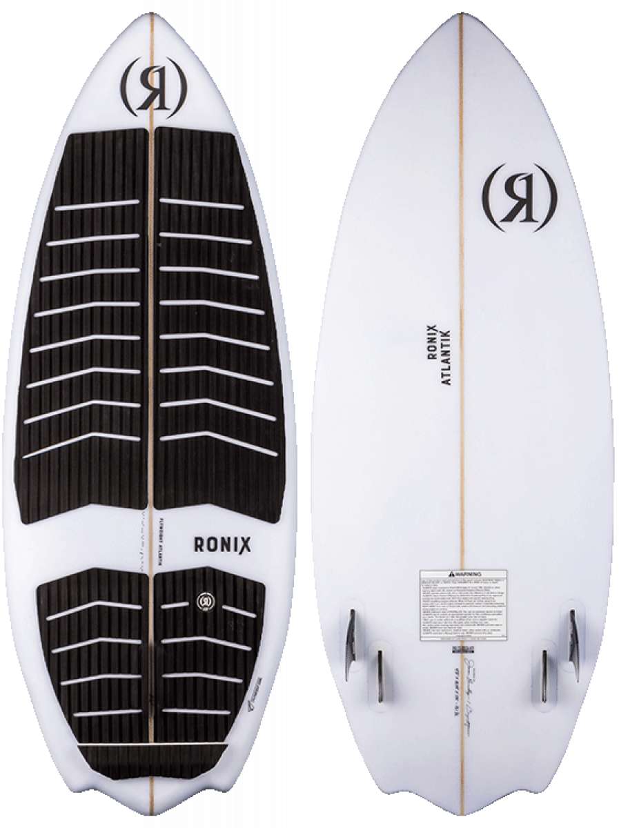 Ronix Flyweight Atlantik Wakesurf Board 2023 - White board with black and white striped pattern on top, featuring a logo at the nose and fins at the tail.