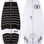 Ronix Flyweight Atlantik Wakesurf Board 2023 - White board with black and white striped pattern on top, featuring a logo at the nose and fins at the tail.