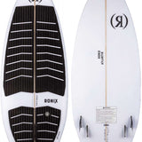 Ronix Flyweight Atlantik Wakesurf Board 2023 - White board with black and white striped pattern on top, featuring a logo at the nose and fins at the tail.