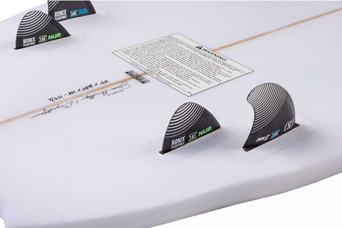 Ronix Flyweight Atlantik Wakesurf Board 2023 - A white wakesurf board with a black logo on the top and a blue stripe along the side.