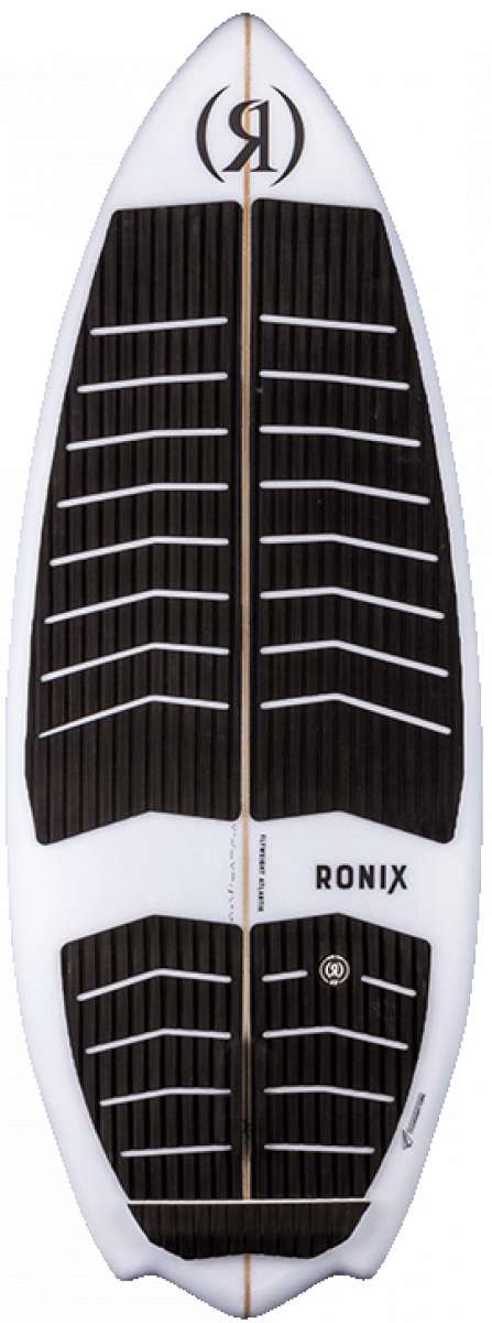 Ronix Flyweight Atlantik Wakesurf Board 2023 - A white wakesurf board with a black logo on top and thin brown lines running down its center.