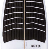 Ronix Flyweight Atlantik Wakesurf Board 2023 - A white wakesurf board with a black logo on top and thin brown lines running down its center.