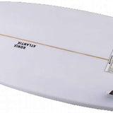 Ronix Flyweight Atlantik Wakesurf Board 2023 - A white wakesurf board with a black logo and text on top, featuring a gold line running along its length.