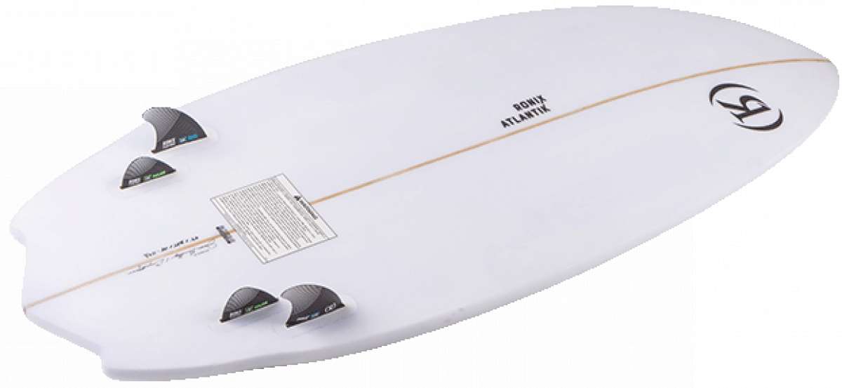 Ronix Flyweight Atlantik Wakesurf Board 2023 - White wakesurf board with a black logo on the tail and a thin yellow line running down the center.
