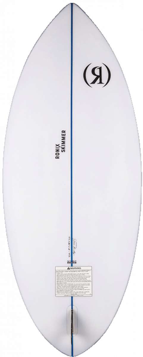 Ronix Flyweight Skimmer Wakesurf Board 2023 - A white wakesurf board with a blue stripe down the middle and black lettering on top.