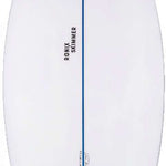 Ronix Flyweight Skimmer Wakesurf Board 2023 - A white wakesurf board with a blue stripe down the middle and black lettering on top.