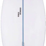 Ronix Flyweight Skimmer Wakesurf Board 2023 - A white wakesurf board with a blue stripe down the middle and black lettering on top.