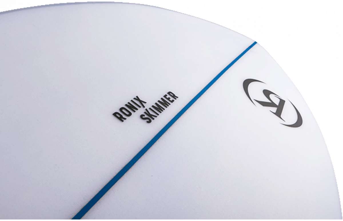 Ronix Flyweight Skimmer Wakesurf Board 2023 - A white wakesurf board with a blue stripe along its edge.