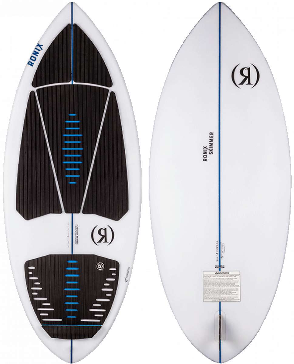 Ronix Flyweight Skimmer Wakesurf Board 2023 - White board with blue accents and a black logo on top.