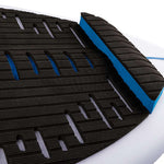 Ronix Flyweight Skimmer Wakesurf Board 2023 - A white wakesurf board with a blue stripe on its side and black fins at the back.