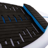 Ronix Flyweight Skimmer Wakesurf Board 2023 - A white wakesurf board with a blue stripe on its side and black fins at the back.