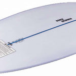 Ronix Flyweight Skimmer Wakesurf Board 2023 - A white surfboard with a blue stripe down the middle and a black logo on the bottom right side.