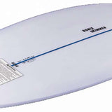 Ronix Flyweight Skimmer Wakesurf Board 2023 - A white surfboard with a blue stripe down the middle and a black logo on the bottom right side.