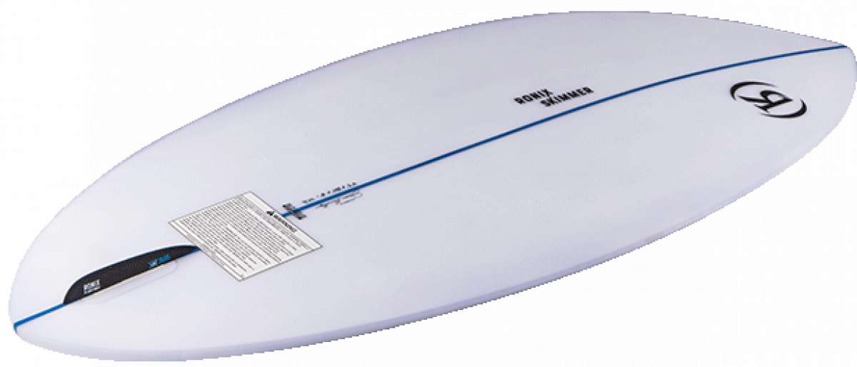 Ronix Flyweight Skimmer Wakesurf Board 2023 - A white surfboard with a blue stripe down the middle and a black logo on the bottom right side.