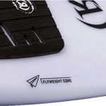 Ronix Flyweight Skimmer Wakesurf Board 2023 - A black and white wakesurf board with a distinctive "Flyweight" logo on its top surface.