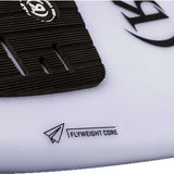 Ronix Flyweight Skimmer Wakesurf Board 2023 - A black and white wakesurf board with a distinctive "Flyweight" logo on its top surface.