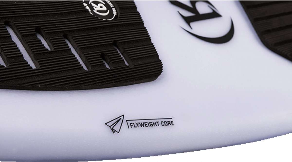 Ronix Flyweight Skimmer Wakesurf Board 2023 - A black and white wakesurf board with a distinctive "Flyweight" logo on its top surface.