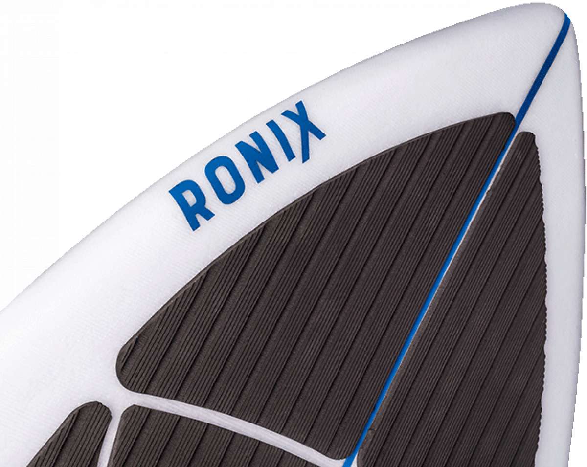 Ronix Flyweight Skimmer Wakesurf Board 2023 - A white wakesurf board with a blue stripe on its top edge and gray textured deck.