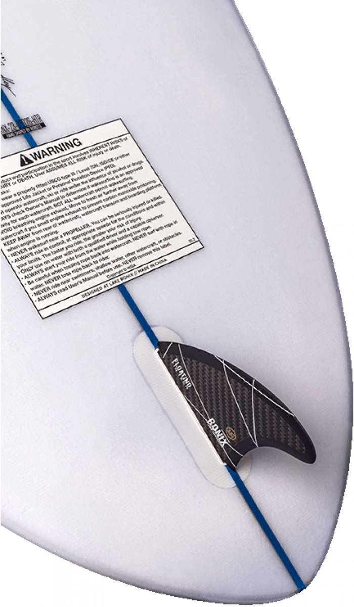 Ronix Flyweight Skimmer Wakesurf Board 2023 - White surfboard with a blue stripe down the middle and black fins on the bottom.