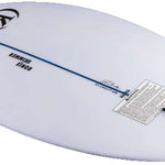 Ronix Flyweight Skimmer Wakesurf Board 2023 - A white wakesurf board with a blue stripe down the middle and black hardware.