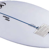 Ronix Flyweight Skimmer Wakesurf Board 2023 - A white wakesurf board with a blue stripe down the middle and black hardware.