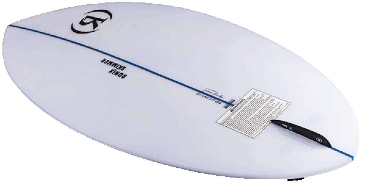 Ronix Flyweight Skimmer Wakesurf Board 2023 - A white wakesurf board with a blue stripe down the middle and black hardware.