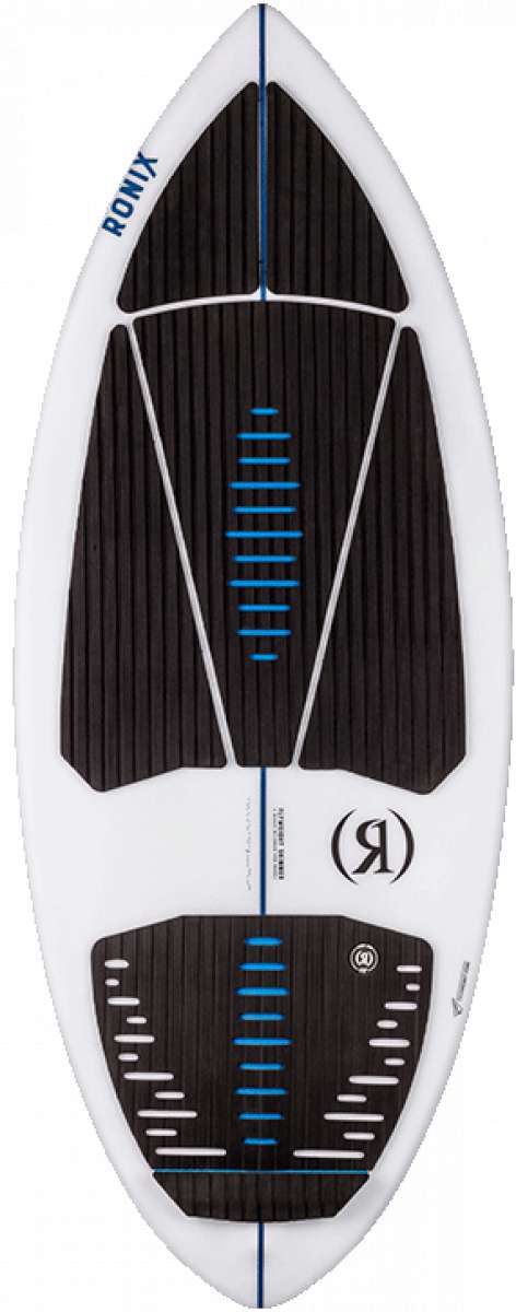 Ronix Flyweight Skimmer Wakesurf Board 2023 - A white wakesurf board with a black deck and blue accents.