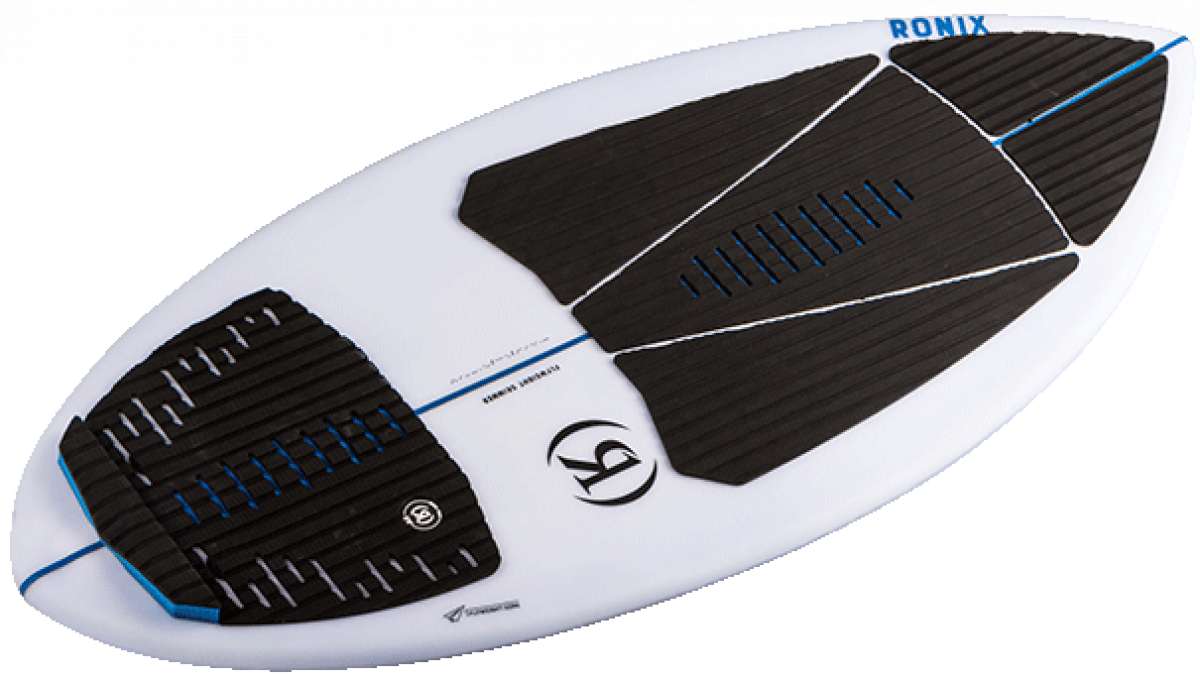 Ronix Flyweight Skimmer Wakesurf Board 2023 - A white wakesurf board with blue accents and a black logo on the bottom left corner.