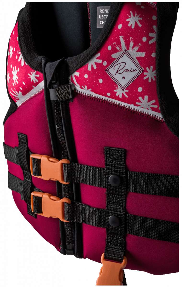 Ronix Kids Laguna CGA Vest 2023 - Pink life jacket with white floral pattern and black straps.