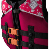 Ronix Kids Laguna CGA Vest 2023 - Pink life jacket with white floral pattern and black straps.