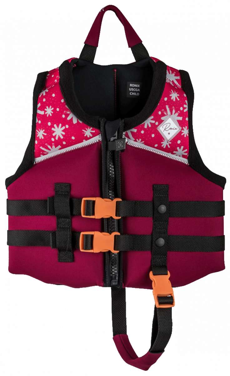 Ronix Kids Laguna CGA Vest 2023 - Pink vest with white floral pattern and black trim, featuring a zipper down the front.