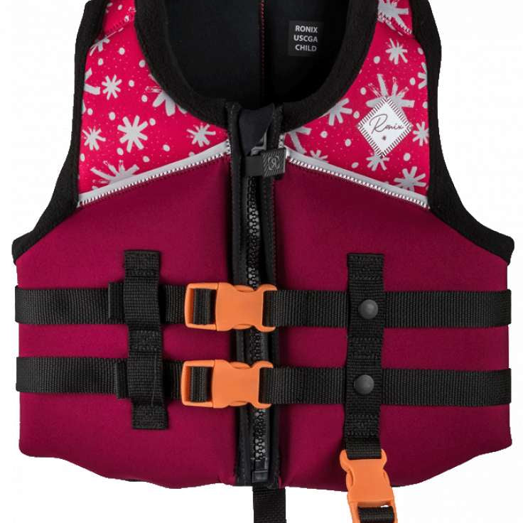 Ronix Kids Laguna CGA Vest 2023 - Pink vest with white floral pattern and black trim, featuring a zipper down the front.