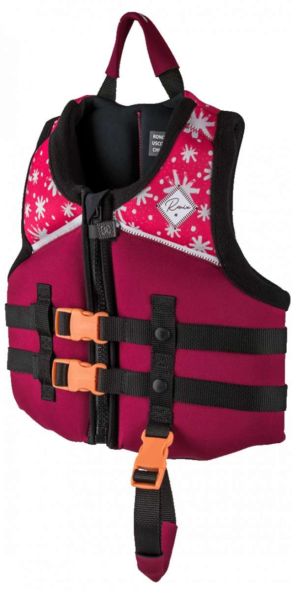 Ronix Kids Laguna CGA Vest 2023 - Pink life jacket with white starburst pattern and black trim.